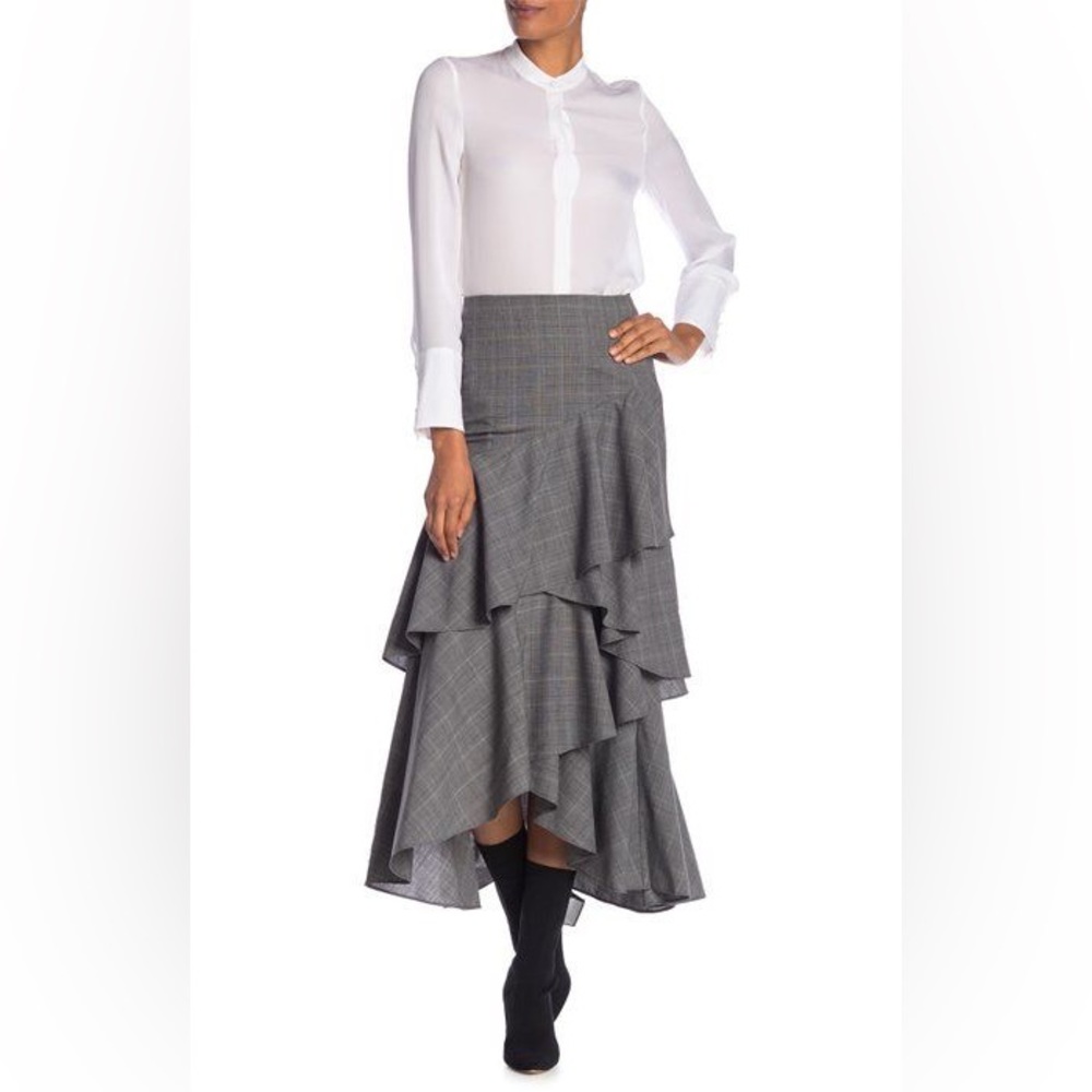 Alice + Olivia 'martina' Check Plaid Asymmetric Ruffle Virgin Wool Gray Skirt